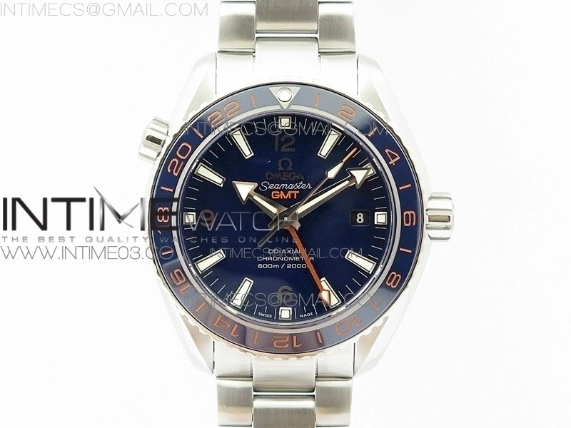 Planet Ocean 600M Co-Axial GMT 43.5mm VSF 1:1 Best Edition Blue Dial Blue Ceramic Bezel on SS Bracelet A8605 Super Clone